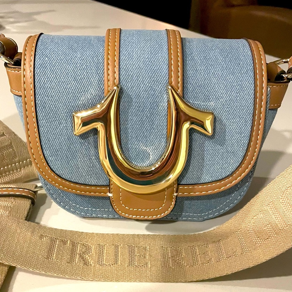 True Religion Women's Crossbody Bag Mini Flap Adjustable bag with Horseshoe Logo